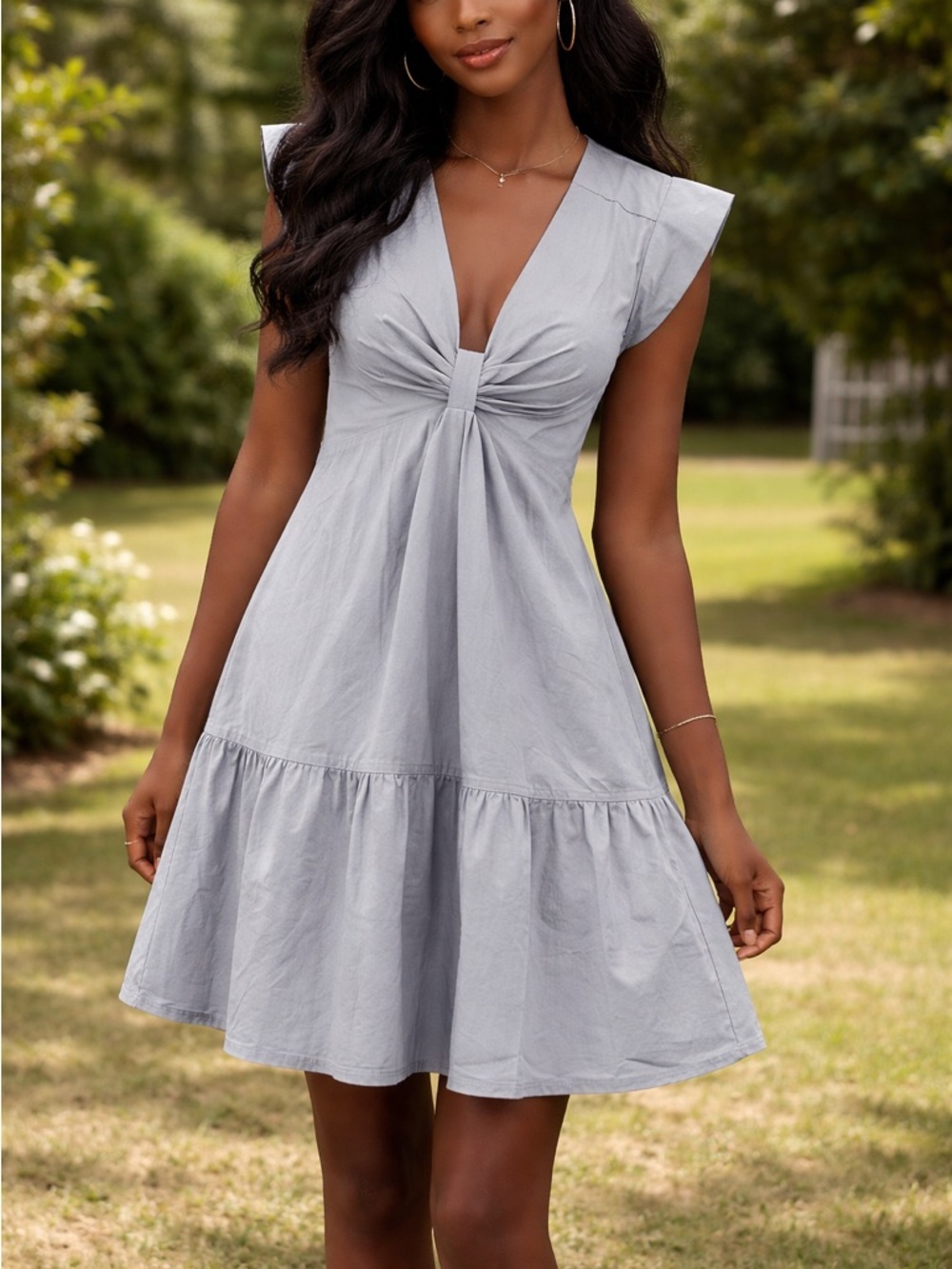 ✅🌹Steve Madden Light Gray V-Neck Tie-Front Midi Dress
